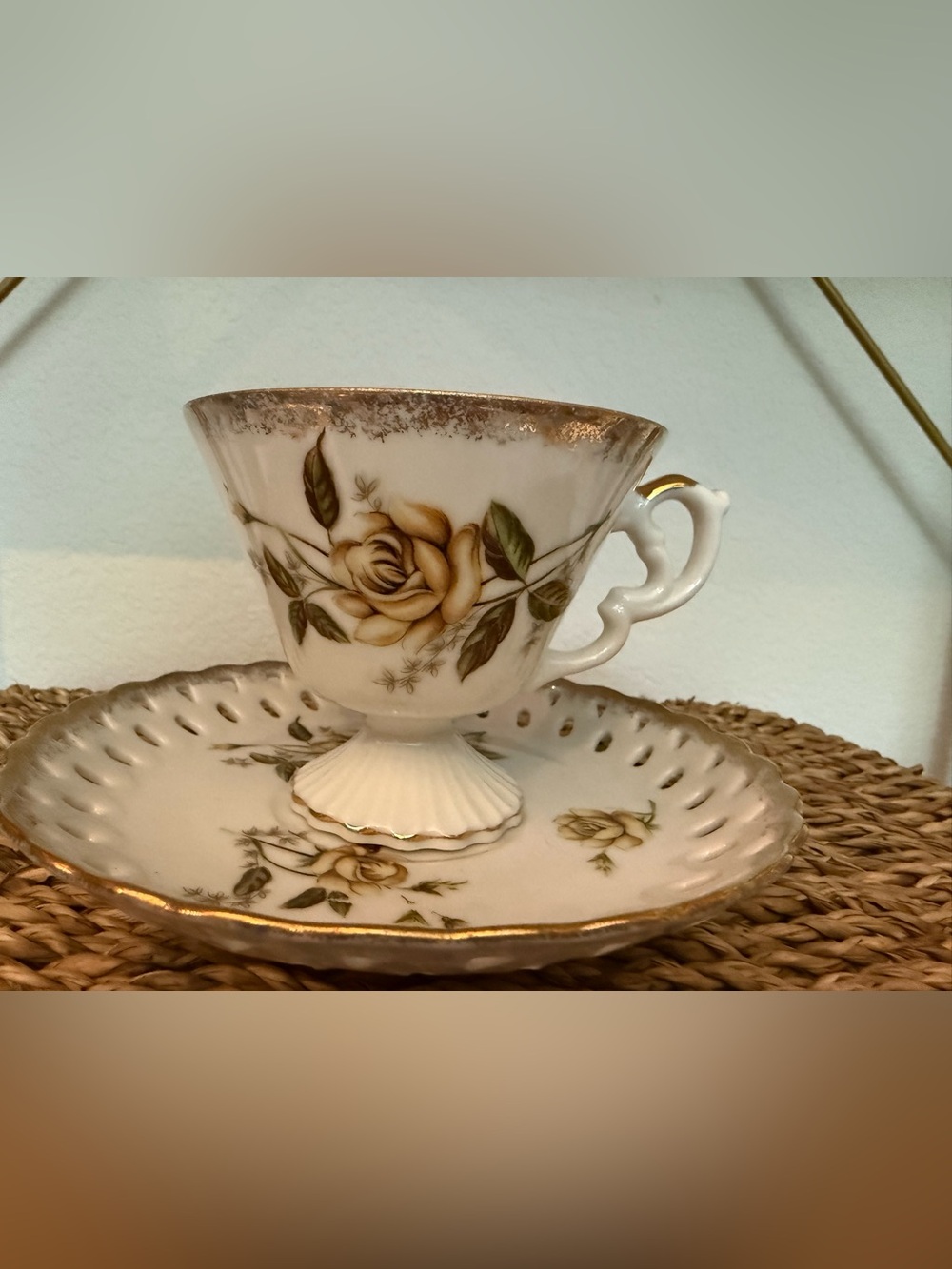 VTG Made in Japan Pedestal Tea Cup & Reticulated Saucer Set Gold Yellow Rose